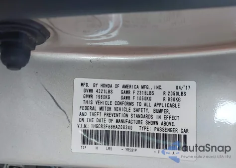 2017 Honda Accord Ex-L из США, поврежденный, VIN 1HGCR2F86HA208340